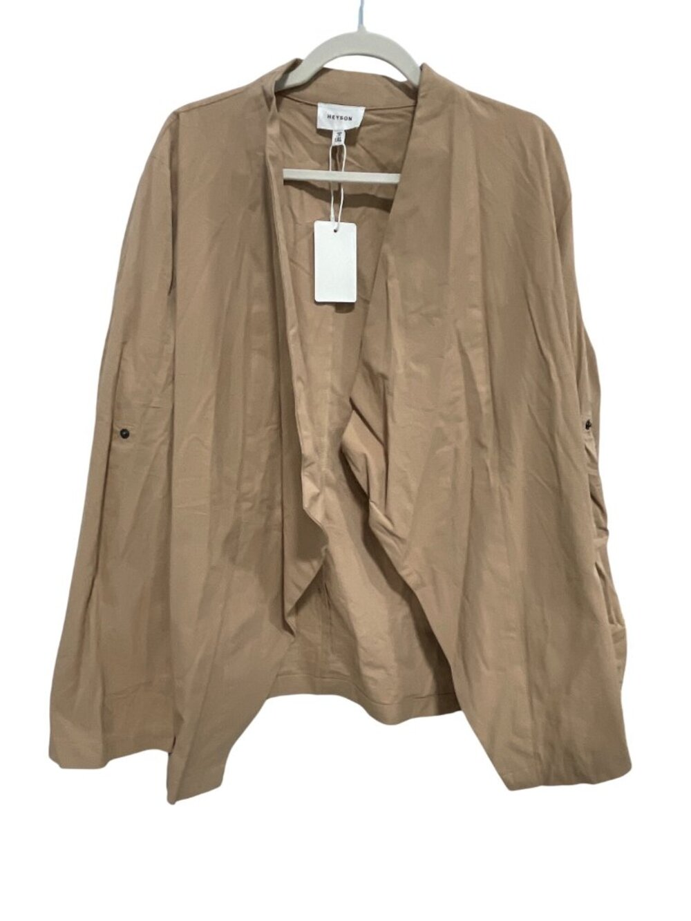 Heyson Jacket Size 1XL Open Front Roll Tab Sleeve Tan Career Office Neutral NEW